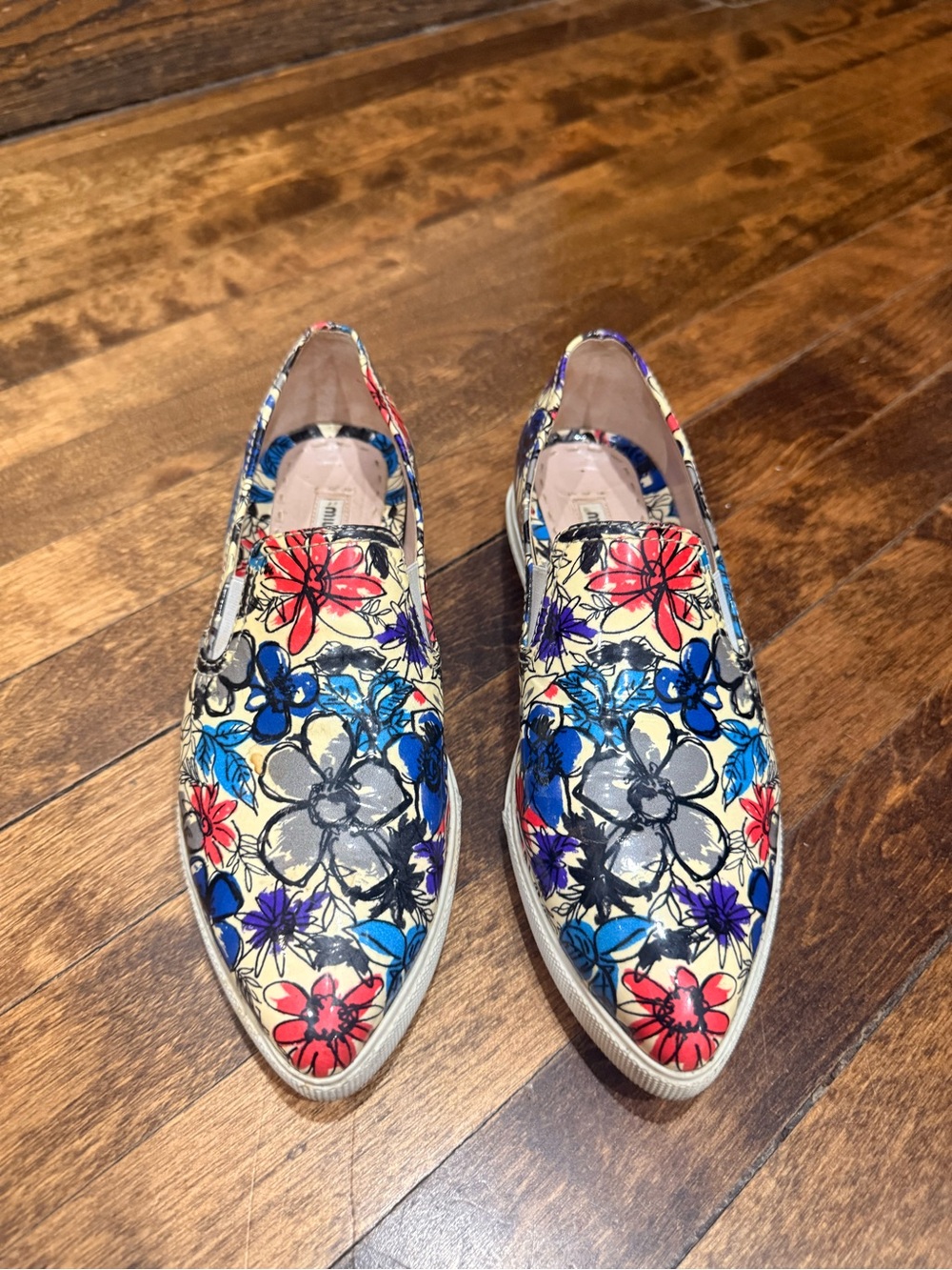 Miu Miu Floral Slip-On Loafers in Cream with Red, Blue, Purple & Gray